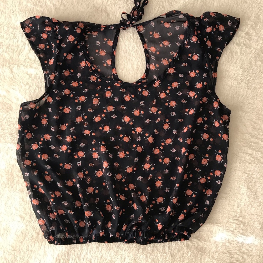 Cute dark blue floral sheer blouse